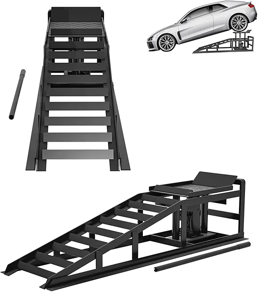 5T Hydraulic Car Ramps - 4-Position Adjustable Height (11.61” to 16.21”) - Low Profile Vehicle Lift Ramps for Trucks, SUVs, Sedans - Heavy Duty 11,023Lbs Capacity - with Hydraulic Jack for Garage Main