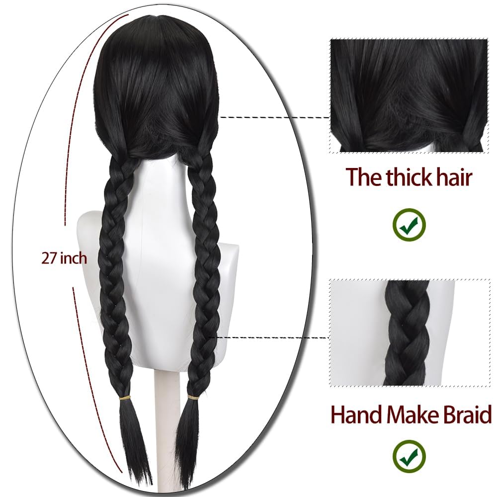 PORSMEER Wednesday Long Braided Wig with Necklace Adams Ghosts Costume Wig for Women Halloween Gothic Costume Hair School Role-Playing Party - Image 4
