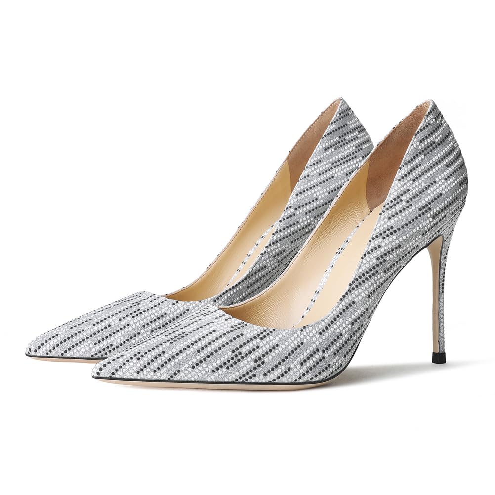 Damskie srebrne szpiczaste szpilki 6 cm/8 cm/10 cm z czarno-białym wzorem w kropki eleganckie czółenka na wesele, studniówkę i formalne wydarzenia, Czarno-białe kropki 10 cm, 36 EU