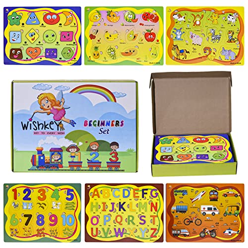 WISHKEY Wooden Educational Colorful Fruits,Animal,Number,Geomatric Shape,Vehicle,Alphabet Set of 6 Board Puzzle Board for Pre School Toddler Kids 3 Years & Above (Pack of 6, Multicolor)