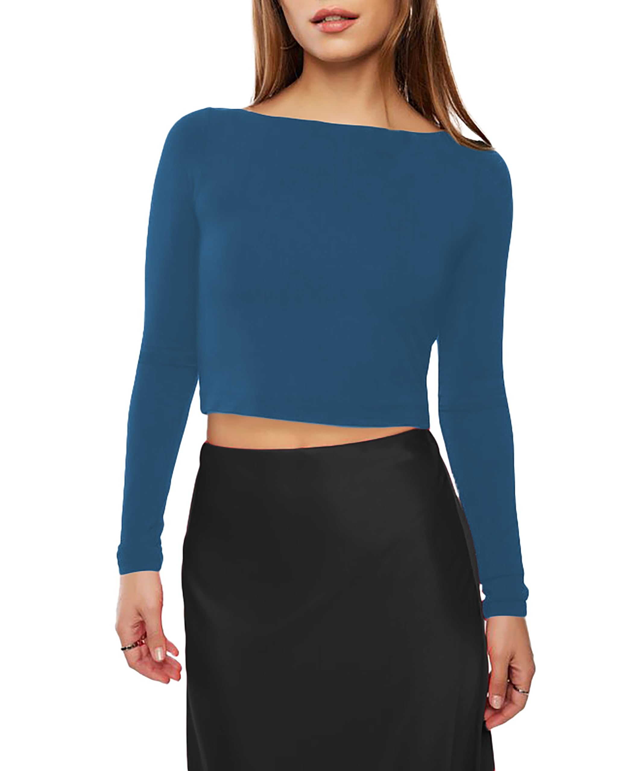 the blazze Women's Cotton Trendy Stretchable Boat Neck Regular Fit Long Sleeve Solid Readymade Crop Top for Women L527-picture-12