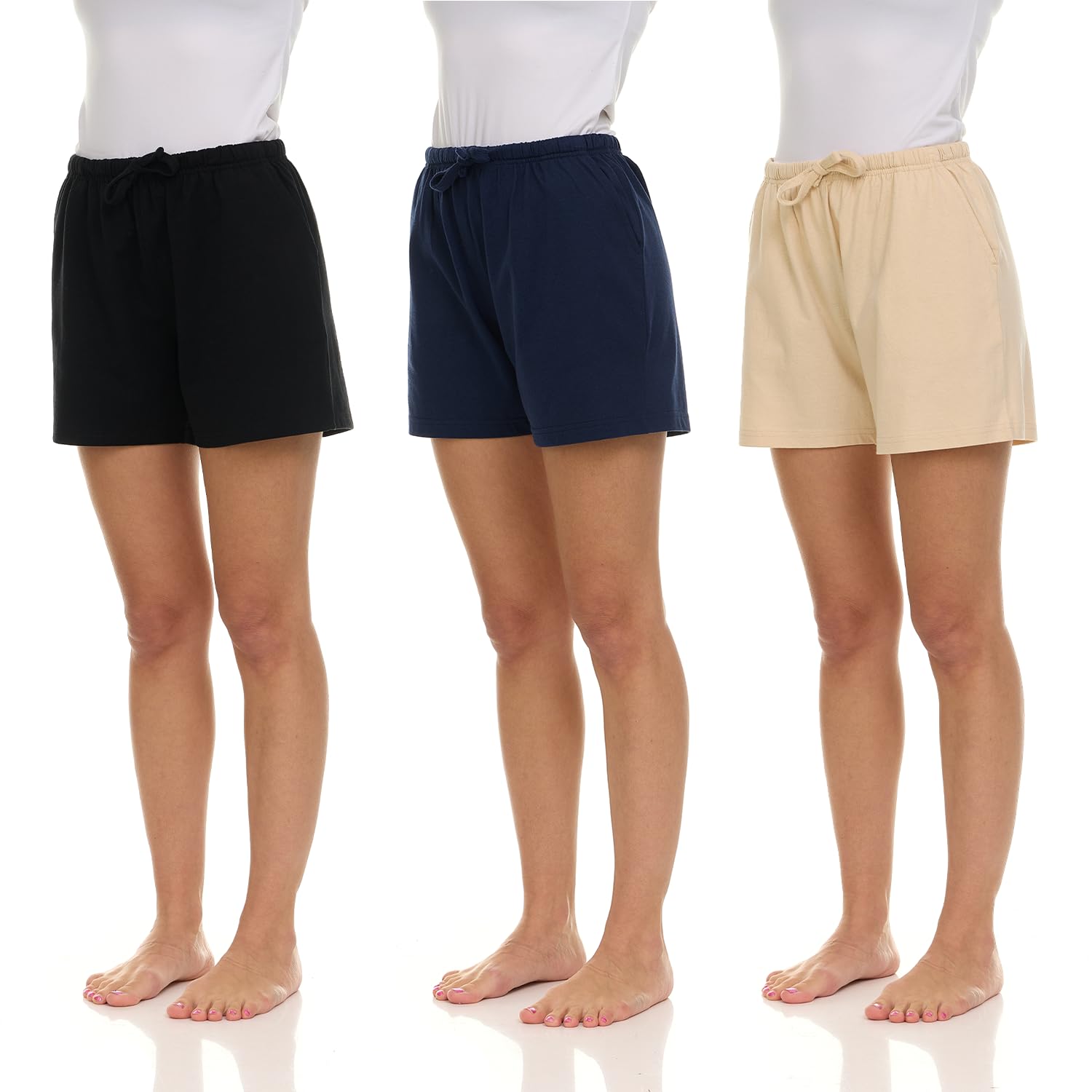 Essential Elements 3 Pack: Women's 100% Cotton Casual Active Gym Lounge Sleep Bottom Pajama Shorts