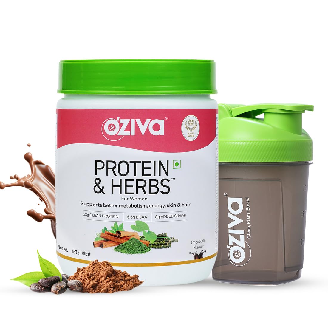 OZiva Protein & Herbs for Women to Reduce Body Fat, Manage Weight & Metabolism |23g Whey Protein, No Added Sugar, Certified Clean 453gm (Chocolate + Shaker)