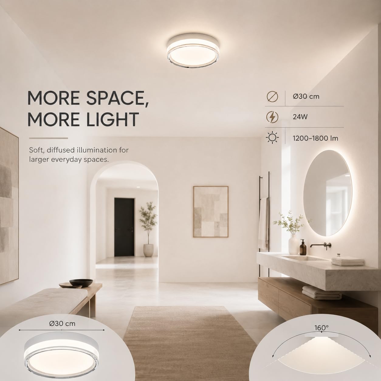 MARSI Plafoniera LED IP65 Ø30 cm 24W, 3 CCT 2800K 4000K 6000K | Bianca, installazione a soffitto o parete, per bagno, corridoio e balcone. Bordo in acrilico trasparente