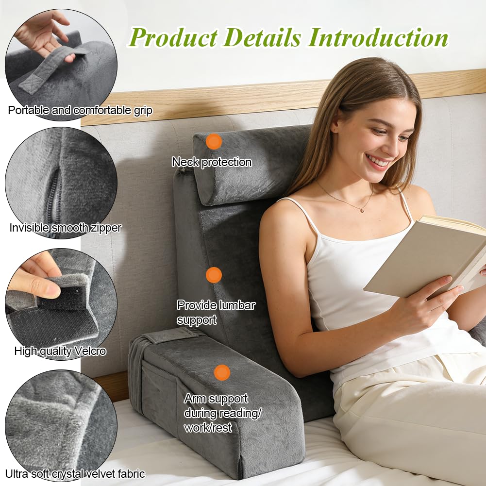Lesekissen für Bett und Sofa Bücherkissen mit Abnehmbarer Nackenrolle & Armlehne, Sitzkissen mit Rückenlehne, Komfortkissen Lesekissen für Erwachsene, Rückenkissen zum Fernsehen, Lesen und Spielen