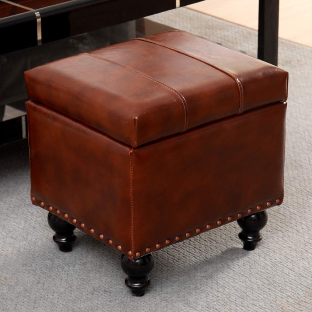 Pouf Ottoman en Similicuir Marron 40x34x40cm avec Coffre de Rangement Intégré