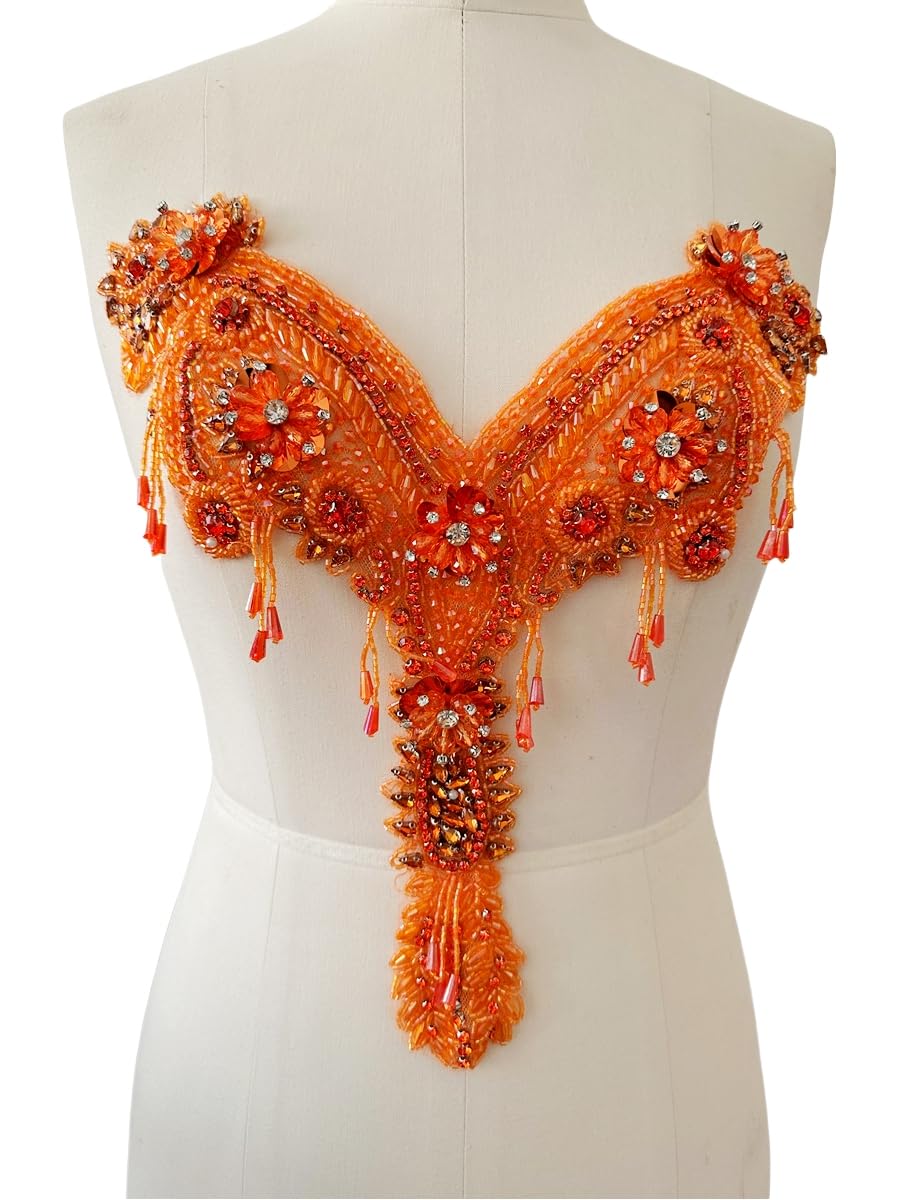 BDACY.HCMYHandmade Rhinestone Fringe Patch Trim Crystal Fringe Chain Beaded Applique for Sewing Crafts Wedding Party Decoration Bridal Dress Accessories 12.5X12.9inches (Orange)
