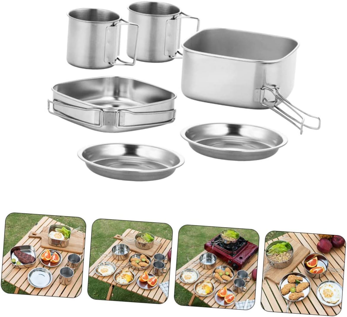 1set Portable Stainless Steel Camping Cookware Kit Outdoor Cooking for Camping Hiking and Backpacking Durable and Easy to Clean Cookware Essentials