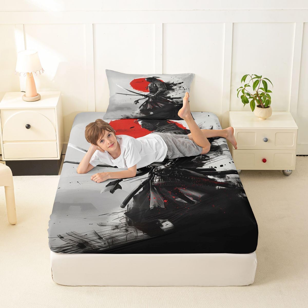 jejeloiu Samurai Bed Sheets Set Twin Size Sunset Bed Set for Kids Boys Girls Japan Deep Pocket Fitted Sheet Japanese Ukiyoe Breathable Soft Lightweight Microfiber