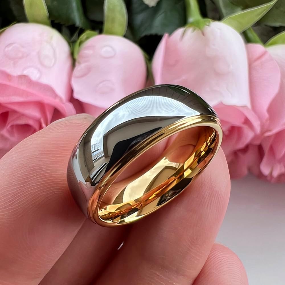 TUTISS 6mm 8mm Gold Tungsten Rings for Men Women Couple Fashion Jewelry Engagement Wedding Bands Domed Stepped Edges Polished Shiny Comfort Fit