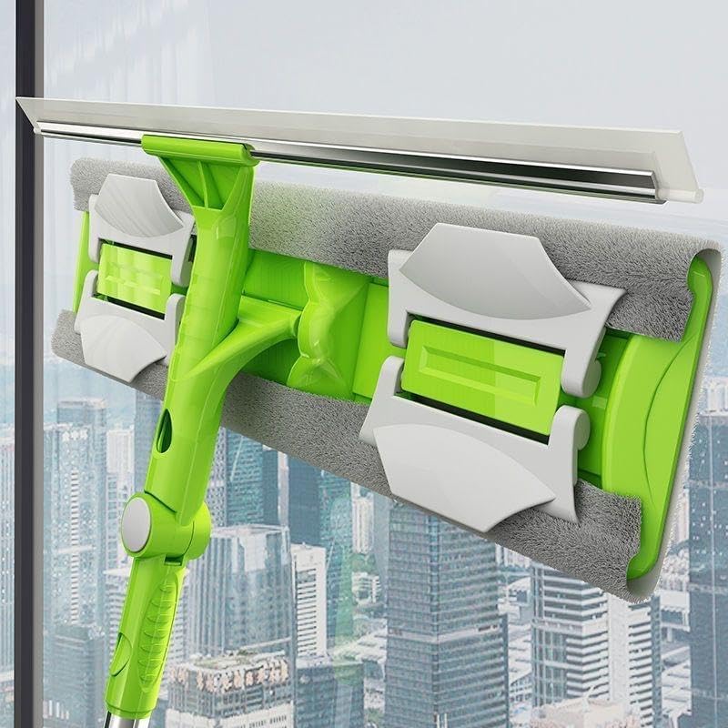 Image of Upgraded 2 in 1 Rotatable Glass Cleaner Wiper with Extendable Long Handle, Double Sided Window Cleaning Mop, Microfiber Cloth & Rubber Squeegee for Glass, Mirror, Shower Door, Car, Solar Panel