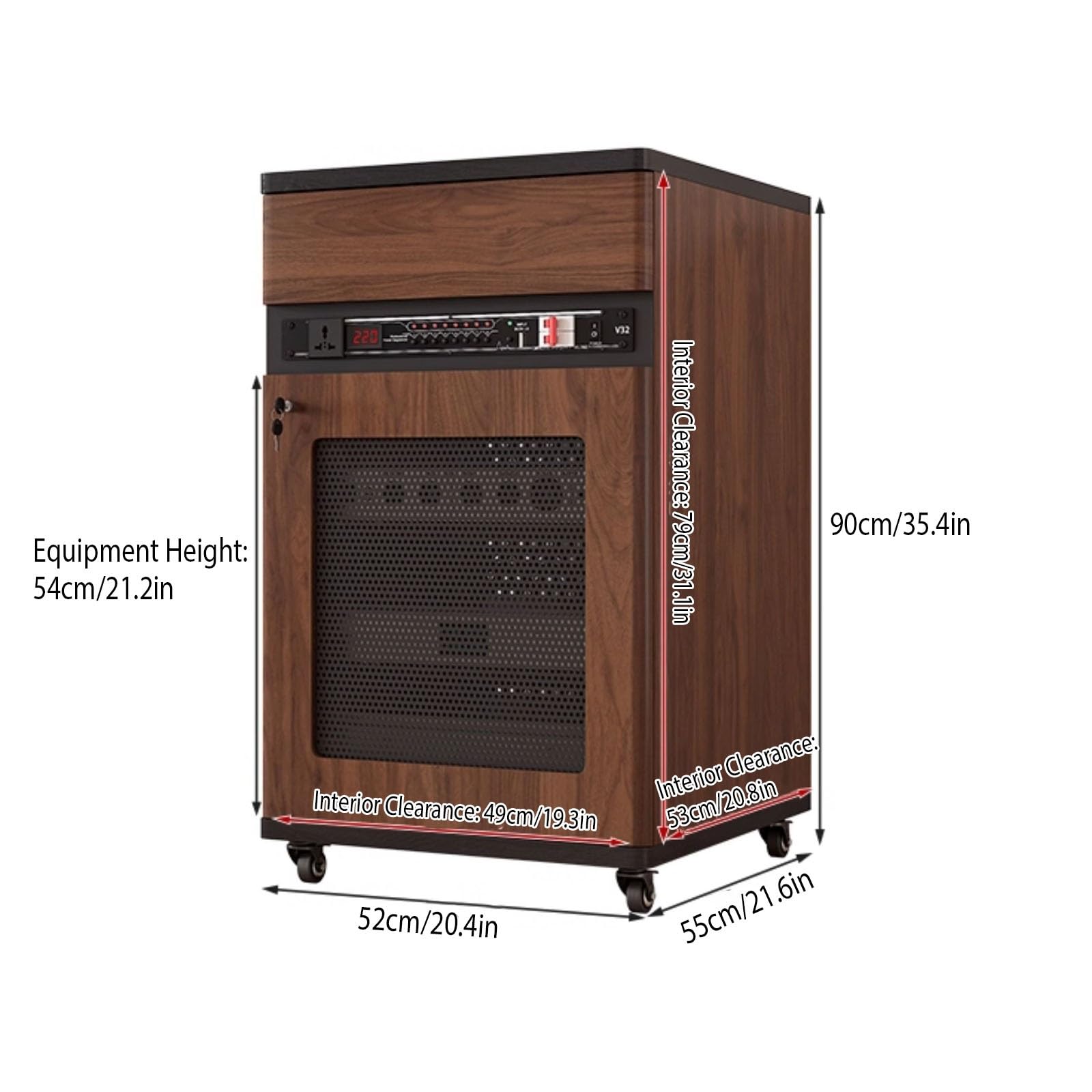 Ruchomy stojak HiFi z regulowanymi półkami, wolnostojąca szafka na media na kółkach, stylowy schowek AV z drzwiami, wykończenie orzechowe, 90 cm (35,4 cala)