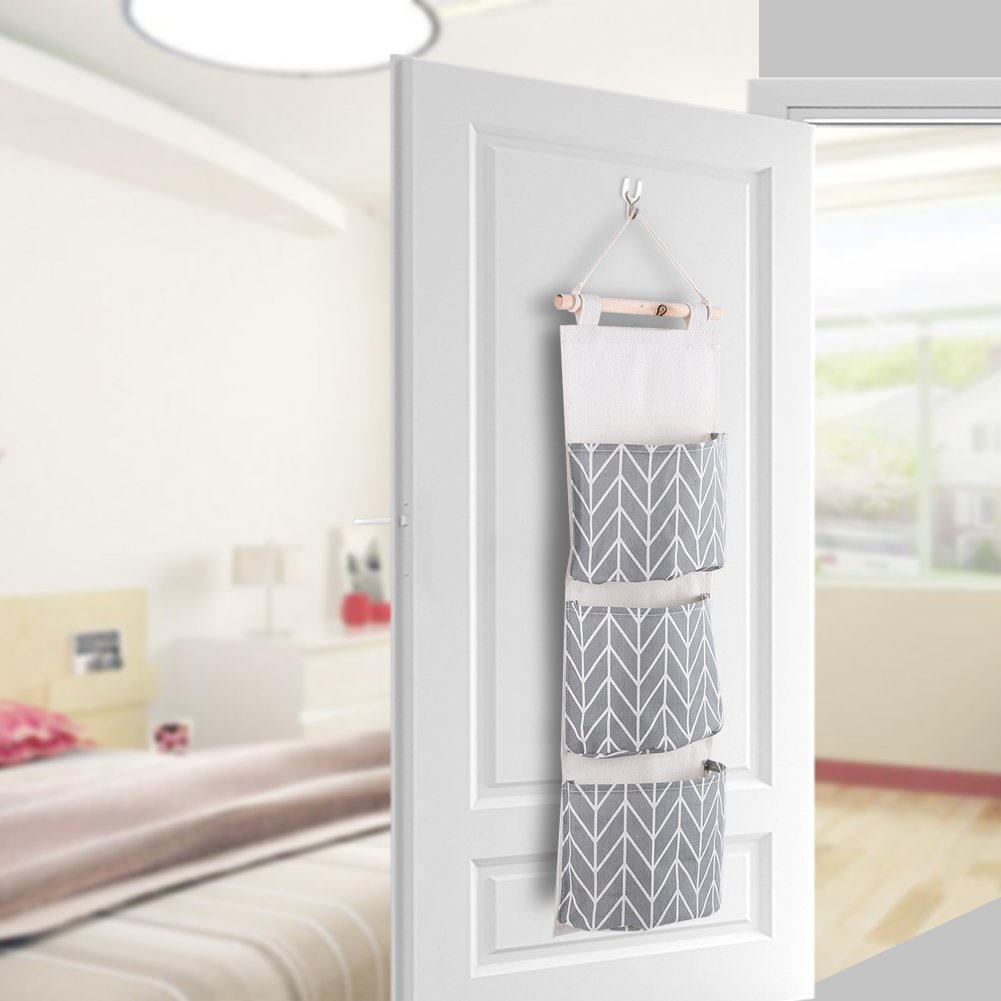 CROWNED Lot de 2 sacs de rangement à suspendre au-dessus d'une porte, organiseur de placard, 4 grandes poches, tissu en lin et coton, multifonctionnel, pour salon, chambre à coucher, salle de bain