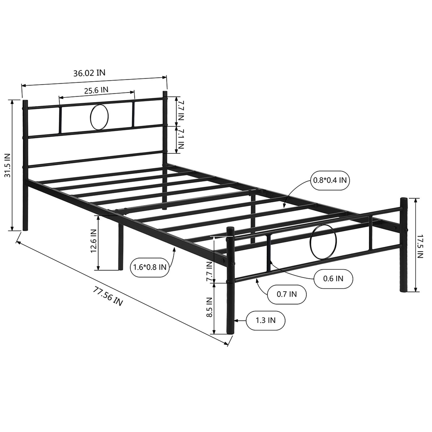 Technical diagram showing the dimensions of the Homy Casa Twin Size Platform Metal Bed Frame.