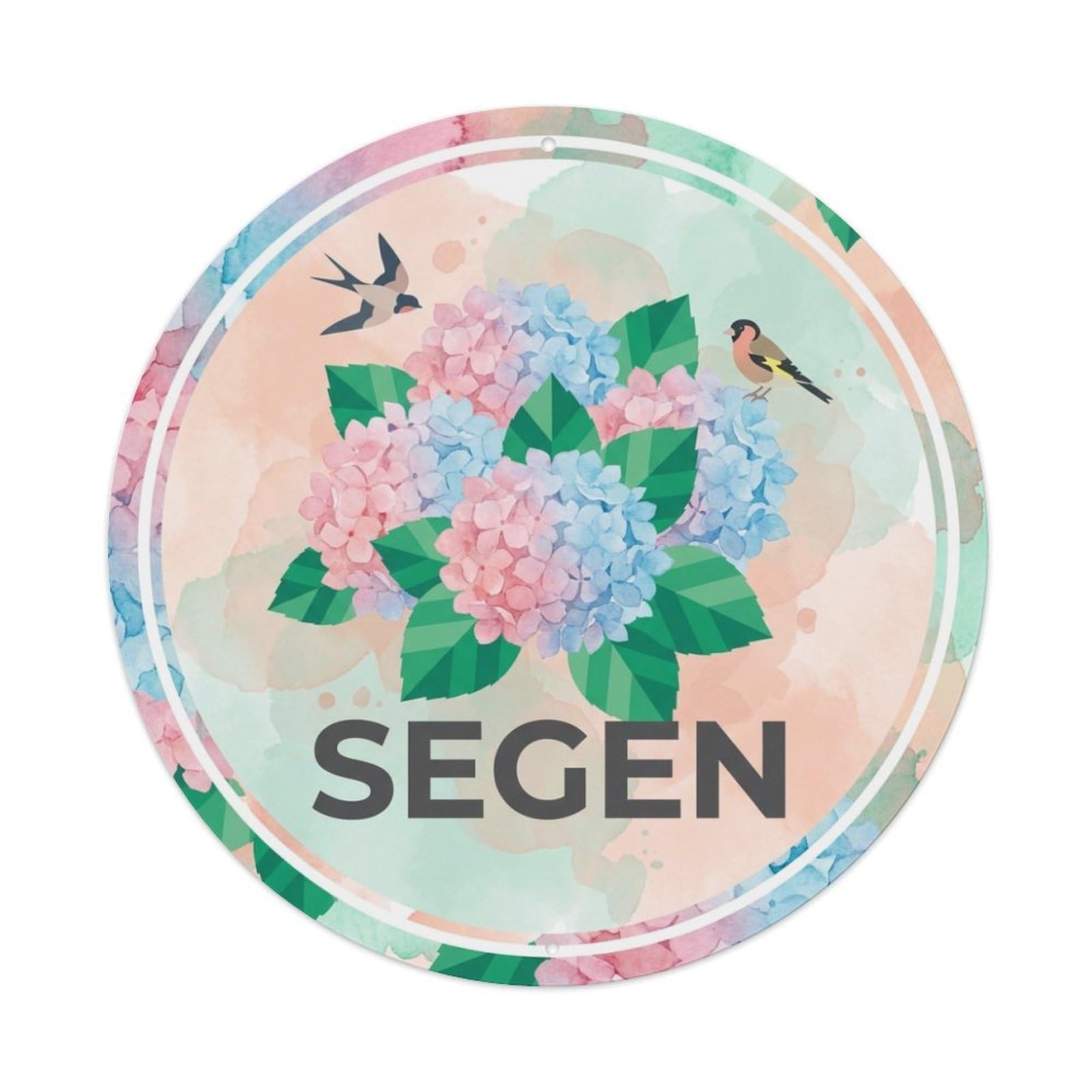 Watercolor Bird Slogan Segen Hydrangea Bouquet Metal Tin Sign