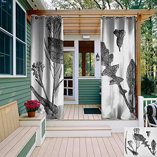 leinuoyi Black and White, Outdoor Curtain Waterproof, Sketch Art Style Root Vegetable Leaves Turnip and Flowering Mustard Plant, for Patio Waterproof W72 x L108 Inch Black White