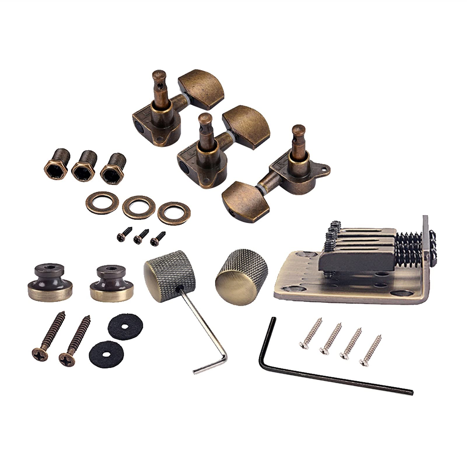 Locking Tuners Combo Kits Bronze Sattelbrücke Tuning Pegs Steuerknöpfe Riemenschlössschränke Schraubenschrauben Waschmaschinen für 3 String Zigarrenbox Guitar
