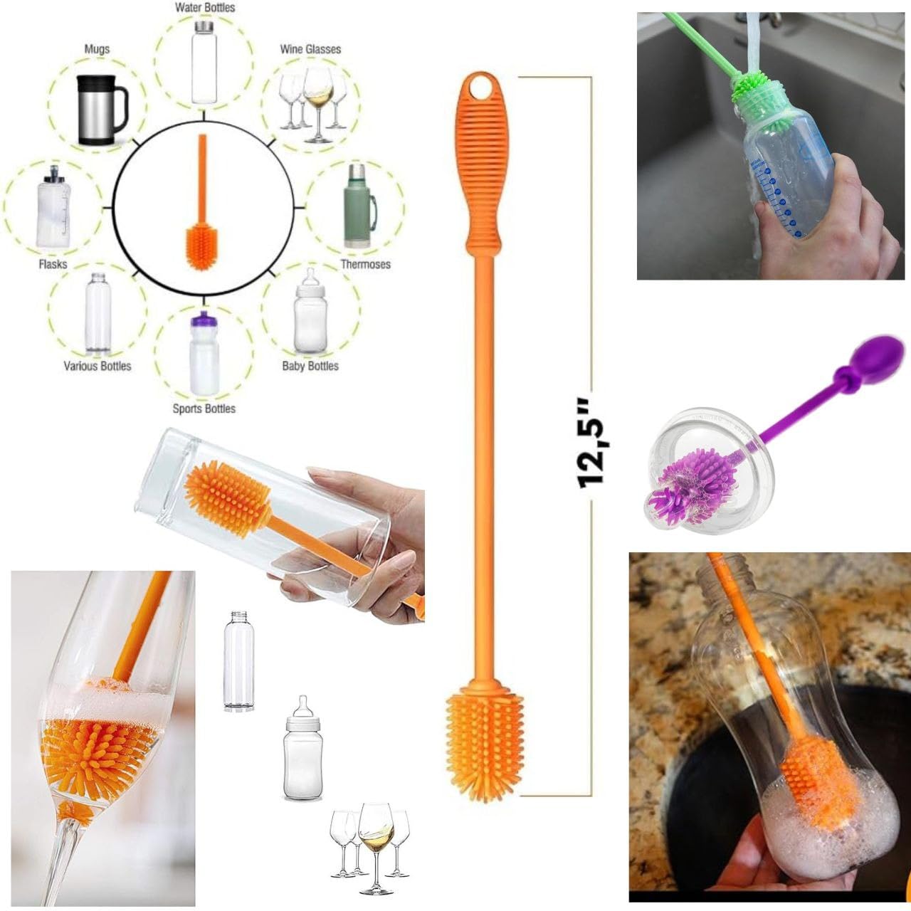Sarthu Pack of 2 Bottle Cleaning Brush Silicone Long Handle, Cup Lid Cleaner Brush.Multifunctional Brushes for Water Bottles, Straws, Windows, Grooves, Keyboards Efficient Cleaning Tools Multicolor 3
