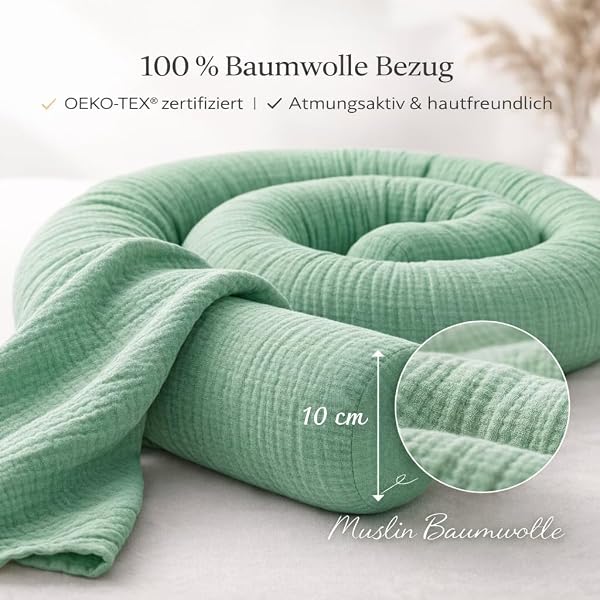 Seitenschläferkissen aus 100% Baumwolle – Bettschlange Body Pillow, Lange Kopfkissen Bettrolle, Nackenrolle Kissen (Eukalyptus, 200 cm) - 5