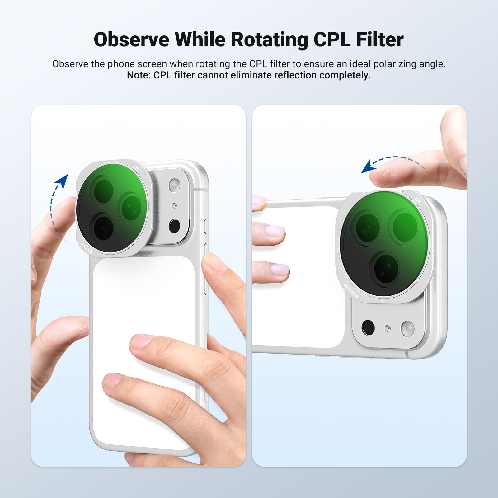 NEEWER Filtro ND Variabile+CPL Solo Compatibile con iPhone 17 Pro Max, Polarizzatore Circolare Regolabile Densità Neutra (ND2-32) Magnetico, Accessori Fotografia con Backplate Adesiva, Argento, FH-17