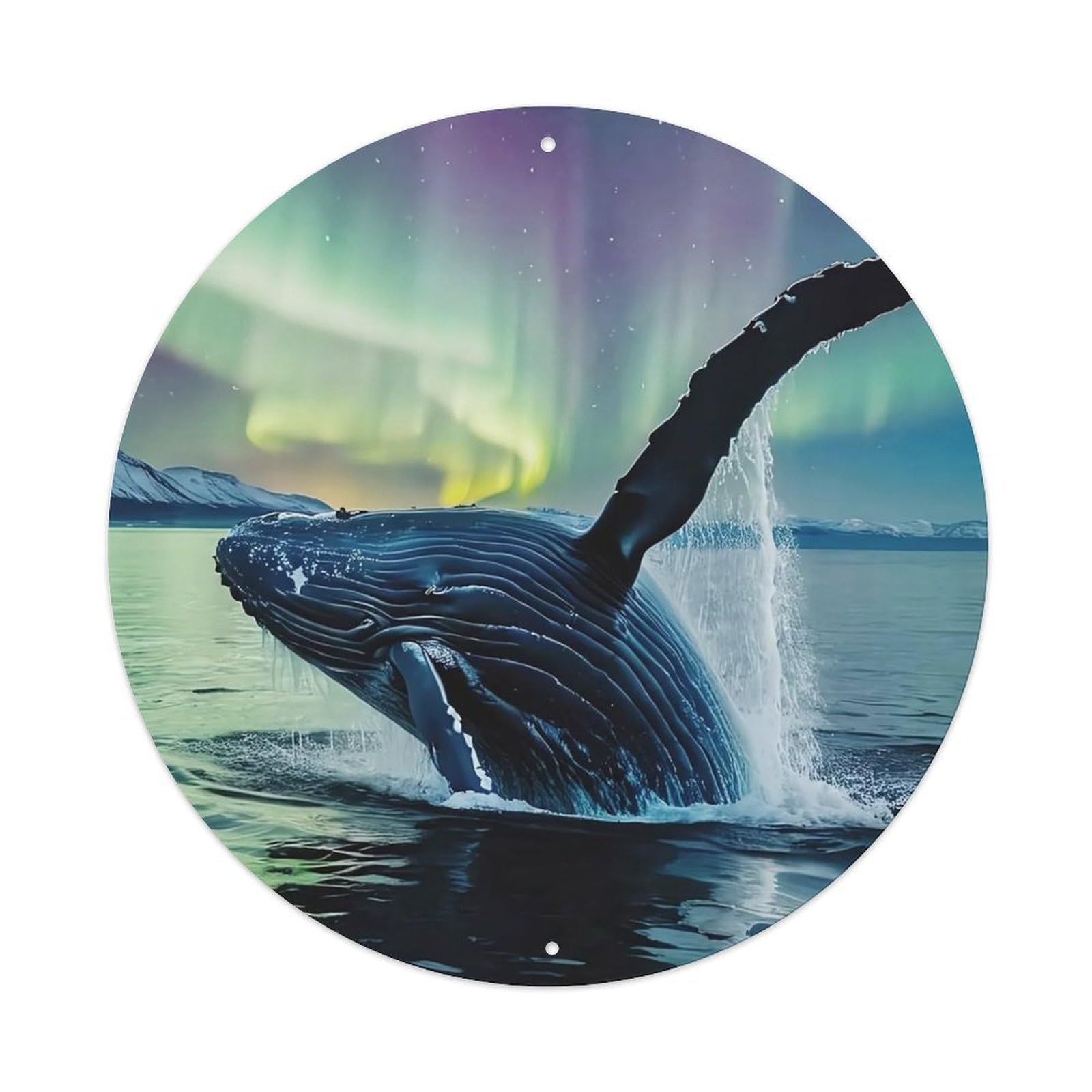 Marine Animals Humpback Whale Breaching in Aurora Borealis Nordic Fjord Night Vintage Metal Tin Sign Plaque Wall Decor for Cafe, Club Bar, Office, Garden Metal Poster 8x8Inch