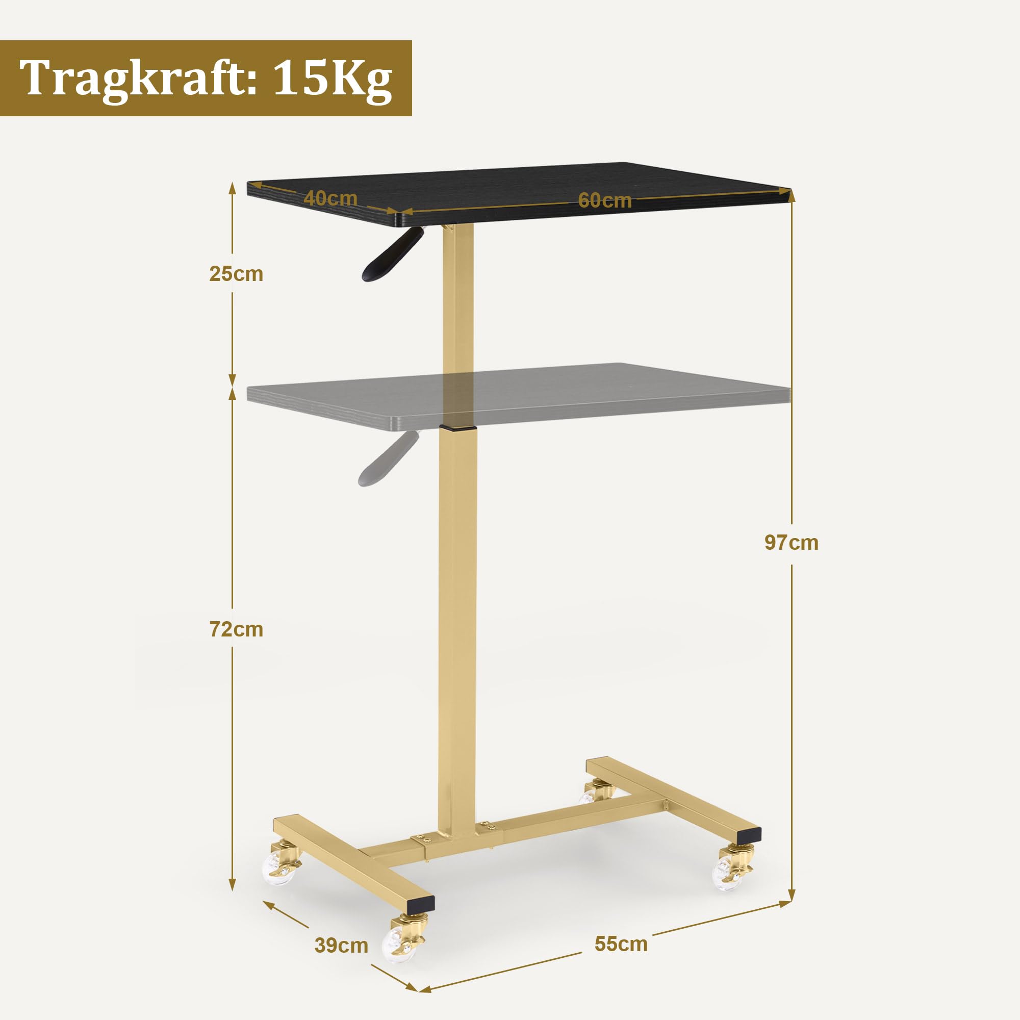 BarberPub Mesita Auxiliar con Ruedas, Mesa de cuidados Regulable en Altura, Carrito con Bandeja para salón de Belleza Dorado, mesita de Cama en Forma de C, 40 x 60 x 72/97 cm, 2832 (Negro y Dorado)