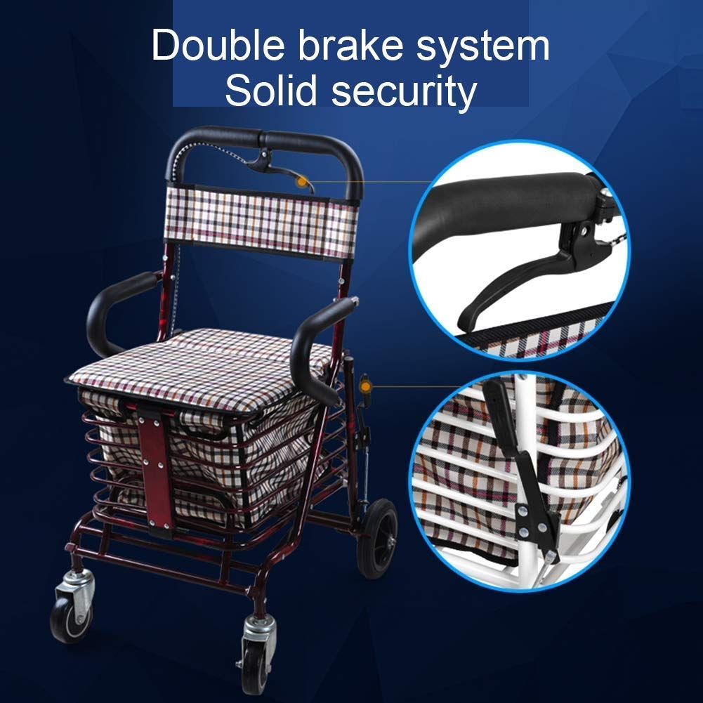 Cesta para Andador para Ancianos, Andador Plegable de Cuatro Ruedas Cesta para Andador para Ancianos Marco para Caminar con Asiento Acolchado Frenos Bloqueables Manijas Ergonómicas