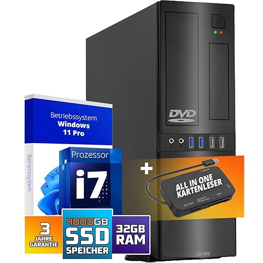 GMR Ultra Slim i7 Office PC - Business Office Computer | 3 anni di garanzia | 32 GB di RAM | 4000 GB SSD | DVD±RW | USB 3 | Windows 11 Prof | Bluetooth WiFi