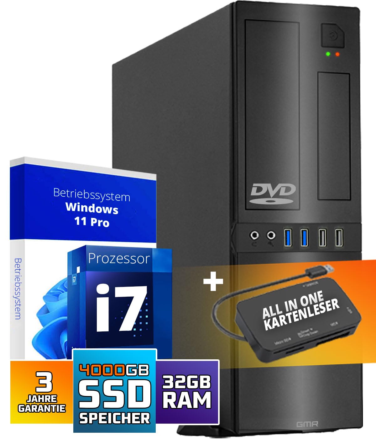 GMR Ultra Slim i7 Office PC - Business Office Computer | 3 anni di garanzia | 32 GB di RAM | 4000 GB SSD | DVD±RW | USB 3 | Windows 11 Prof | Bluetooth WiFi