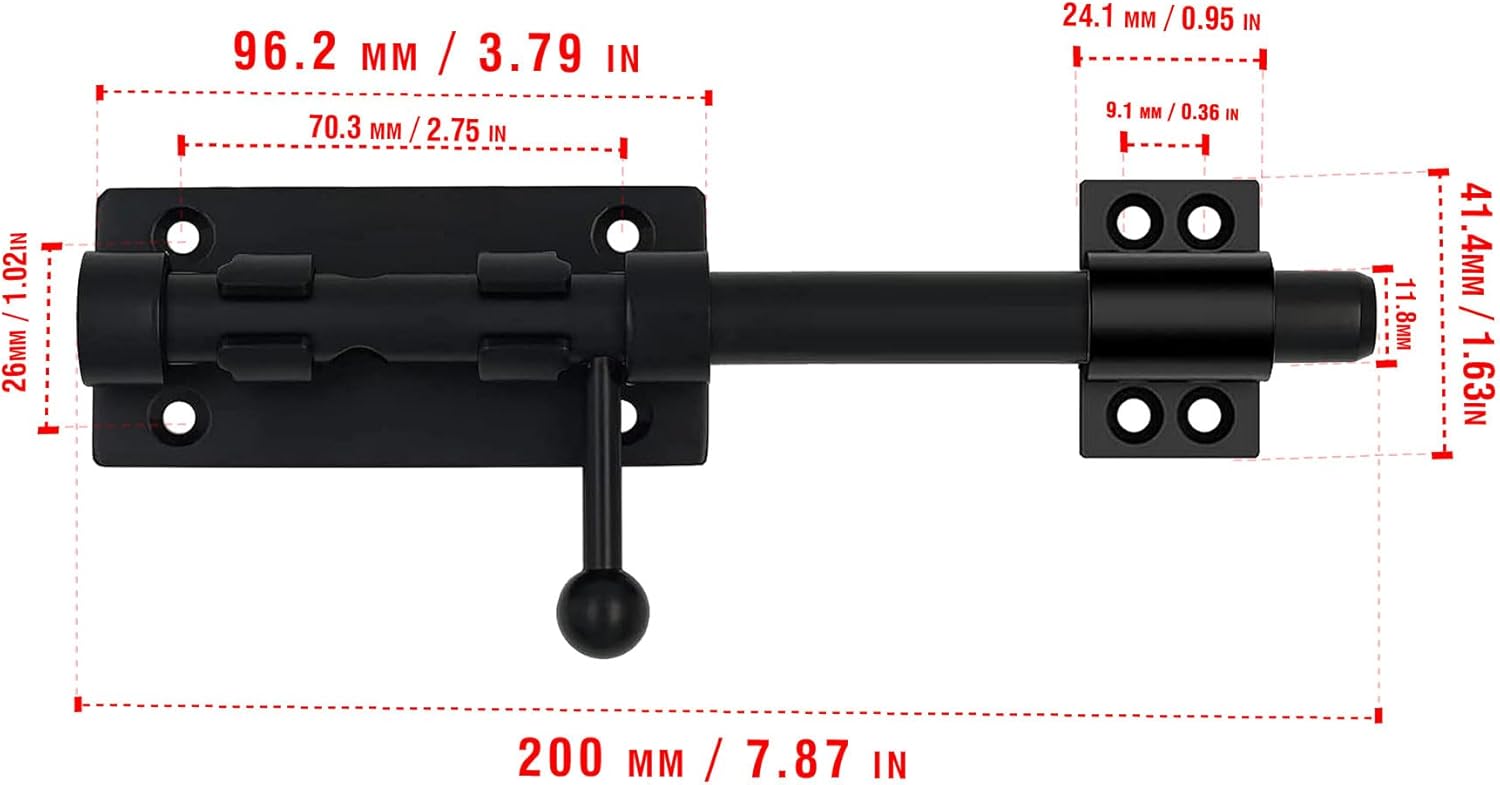 Slide Bolt Gate Latch, 7.8 Inch Heavy Duty Solid Stainless Steel Bolts Latches,for Fence, Yard Doors, Garages, Bedrooms, Cupboards and Window (2 Pack, Black)