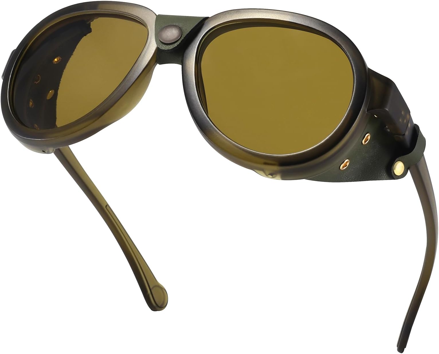 Retro Aviator Steampunk Polarized Sunglasses with Leather Side Shield Vintage Goggles Gothic Eyewear for Men Women