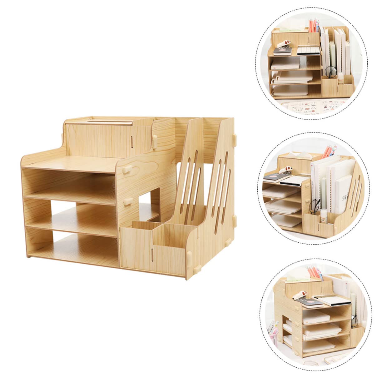HOMSFOU Estante Organizador De Escritorio De Madera Natural con Múltiples Compartimentos Deslizantes y Gran Capacidad Rack para Almacenamiento De Archivos y Suministros De Oficina