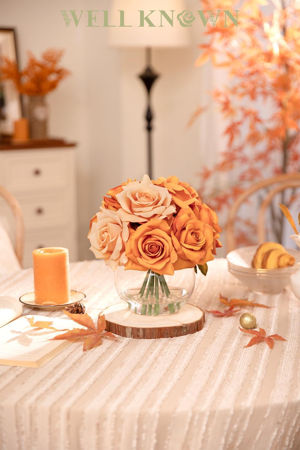 Artificial Flowers Arrangements in Vase with Faux Water, Artificial Orange Champagne Silk Rose Bouquet with Vase for Winter Spring Seasonal Home Wedding Party Centerpieces Decor & Mom's Gift - Image 2