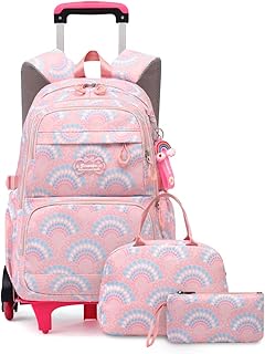 3Pcs Girls Rolling Backpack Kids Bookbag with Wheels Set Elementary Students Outdoors Trolley Schoolbag