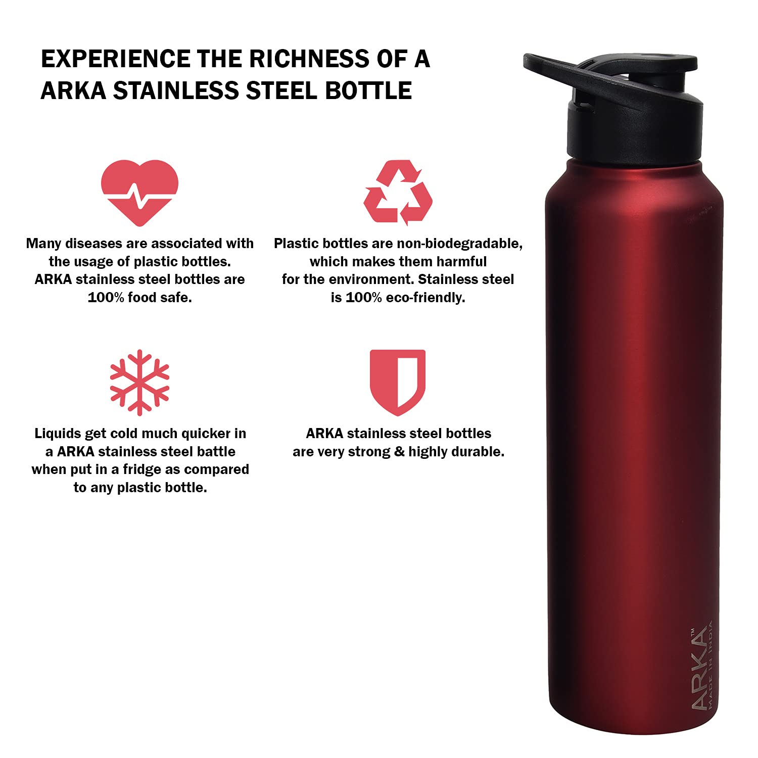 ARKA Stainless Steel Chromo Water Bottle, 1 Liter each, Matt Red, ideal to store water and all other beverages.(pack of 2) 2