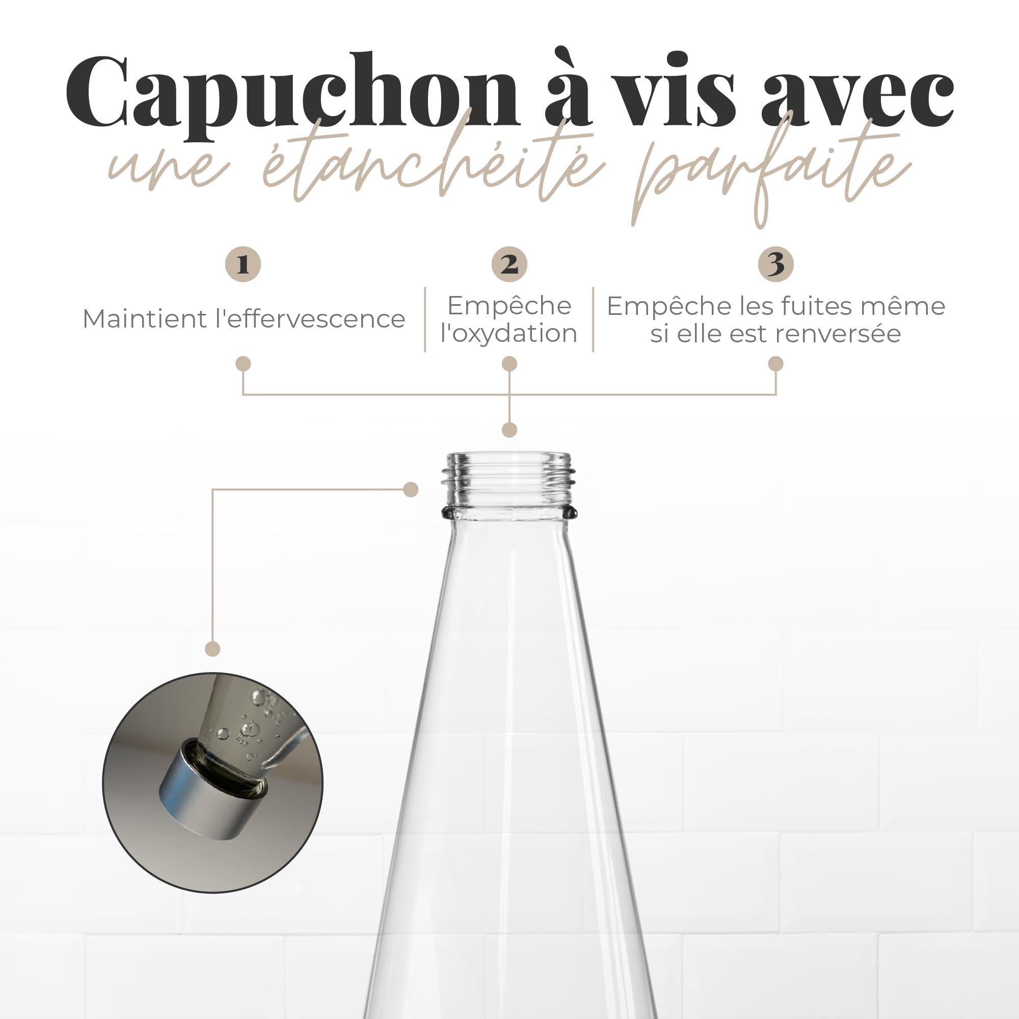 TUNDRA - Lot de 6 Bouteille Verre 75cl avec 6 Bouchons à Vis et 1 Entonnoir | Ligne CONIC | Bouteilles en Verre MADE IN ITALY, Résistantes et Lavables au Lave-Vaisselle - Pour l'Eau, la Limonade
