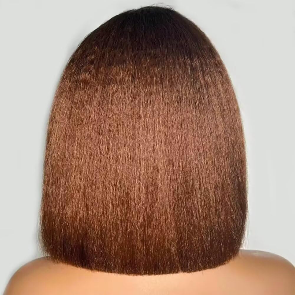 1B30 Color Kinky Straight Wig Human Hair 180% Density Ombre Brown Short Bob Wigs For Black Women 13x6 HD Lace Front Wig Human Hair Blunt Cut Bob Brazilian Virgin Yaki Human Hair Wigs 10Inch