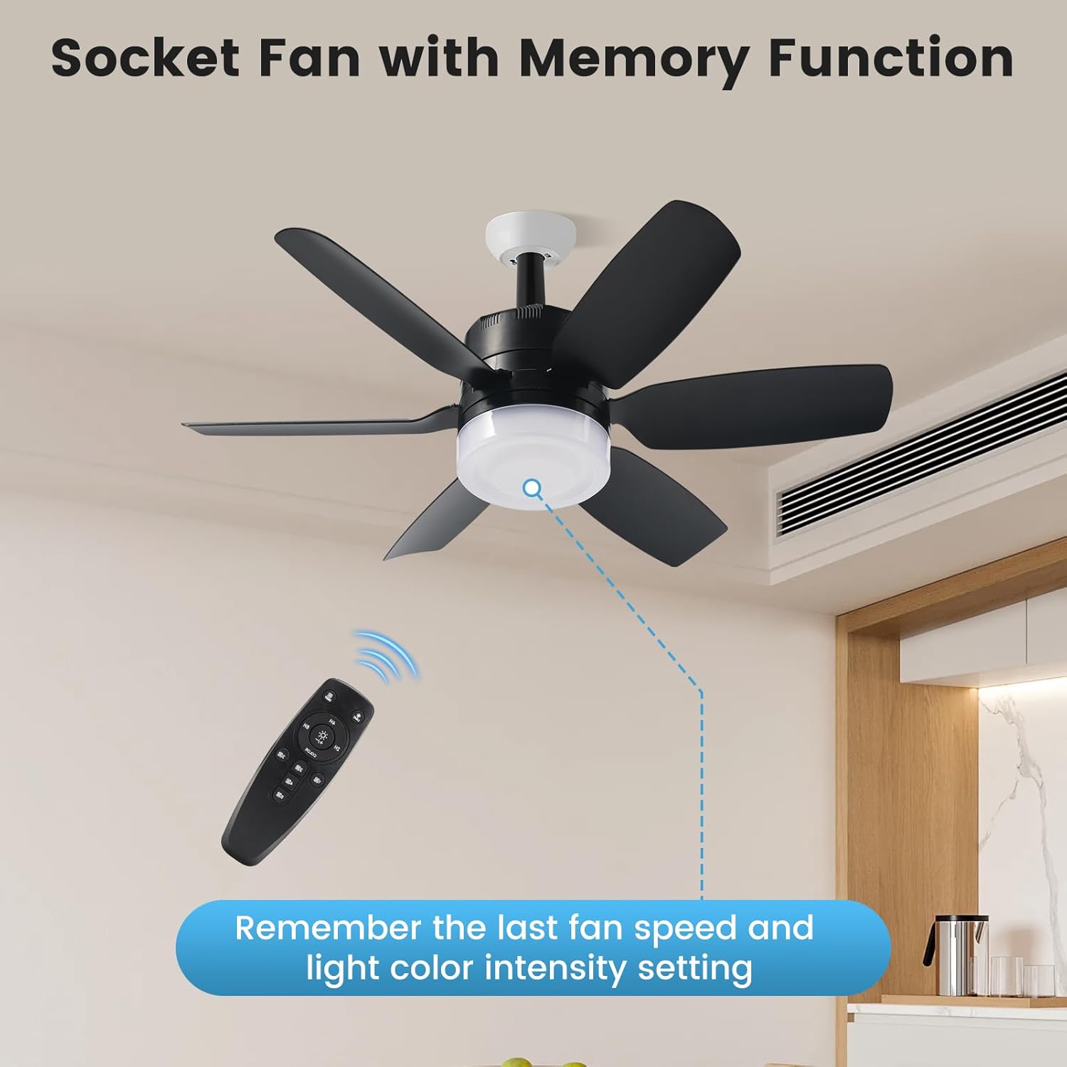 Fanspex 20.5'' Socket Ceiling Fan Light, 5 Fan Speeds with 3 Colors Adjustable Light, 8 Hours Timer (Black)