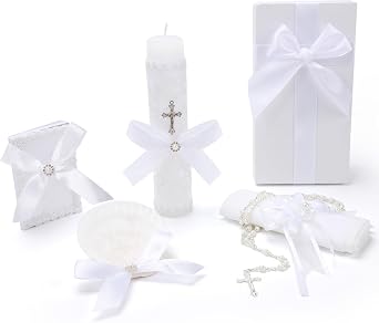 Baptism Candle Set for Boys and Girls,White 5 PCS Baptism Kit Catholic Candle,Baptismal Towel,Shell,Rosary,Bible for Baptismal Christening First Communion Gift,Velas para Bautizo De Nino o Nina