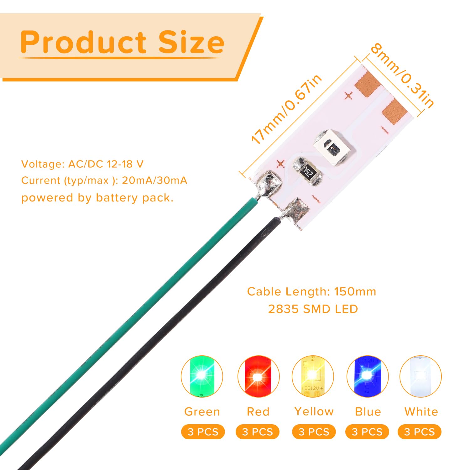 Lyeteung 15 PCS 17mm 12V - 18V Pre Wired Strip, 2835 SMD LED Model Railway LED Lighting, White/Red/Yellow/Blue/Green - Image 2