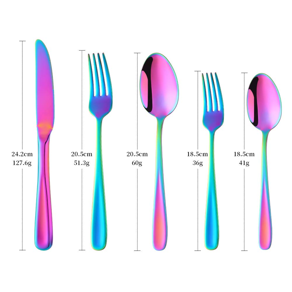 YDware 20-teiliges Besteck-Set, Besteck-Set, Regenbogenfarben, Edelstahl, Besteck, Gabeln, Löffel, Messer, Set für 4 Personen, hochglanzpoliert und spülmaschinenfest