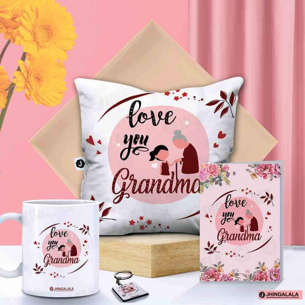 Jhingalala Gift for Grandmother | Love You Grandma Printed Cushion with Filler, Coffee Mug, Key Chain, Greeting Card | Combo Gifts for Grandmother, Grandma on Birthday, Grandparents' Day