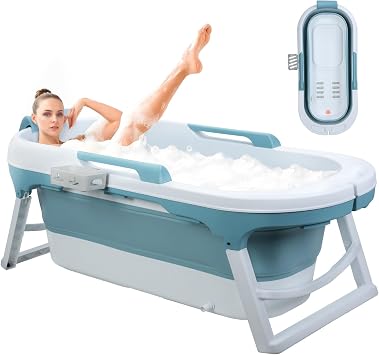 Portable Bathtub Adult Large 55 Inch Collapsible Bath Tub Foldable Bathtub with Massage Board Freestanding Spa Barrel Ergonomically Designed for the Soaking Bath for Shower, Hot Bath, Ice Bath Blue