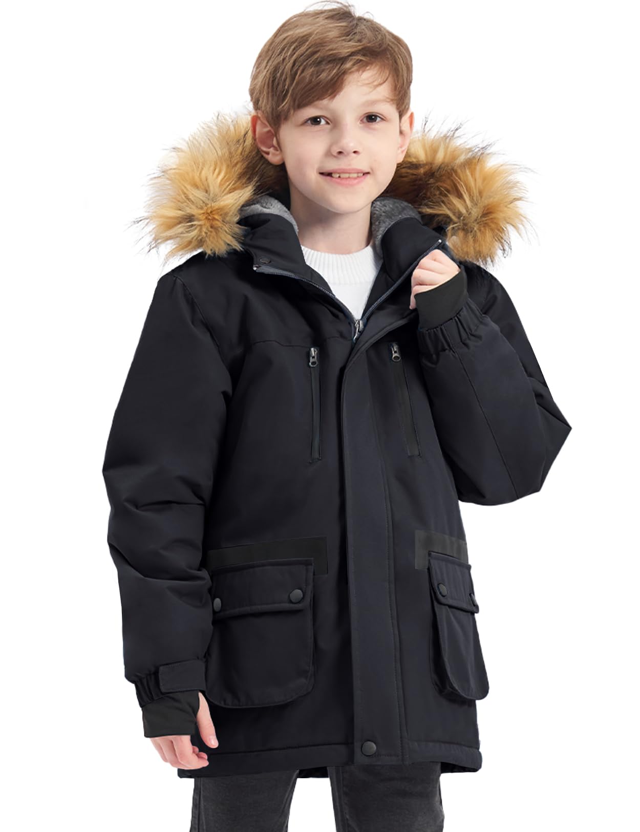 GEMYSE Chaqueta de Esquí para Niño con Capucha de Piel Desmontable Abrigo Impermeablede de Nieve Invierno Cazadora Antiviento