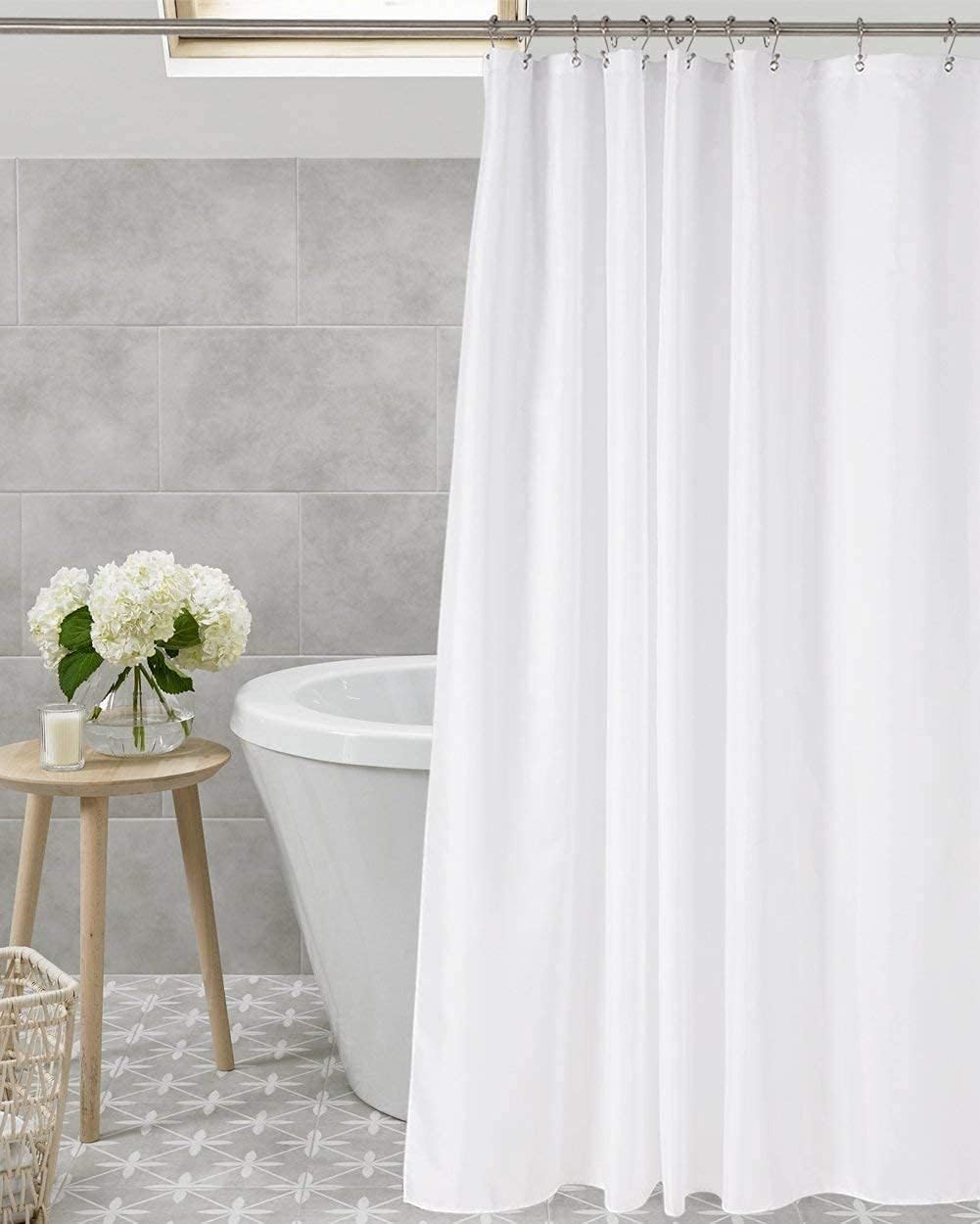 Amazer Long Stall Shower Curtain Liner Washable, 54 x 78 Inches, Fabric Shower Liner with 2 Bottom Stones, Waterproof RV Shower Curtain Liner, 9 Grommet Holes, Hotel Quality, White