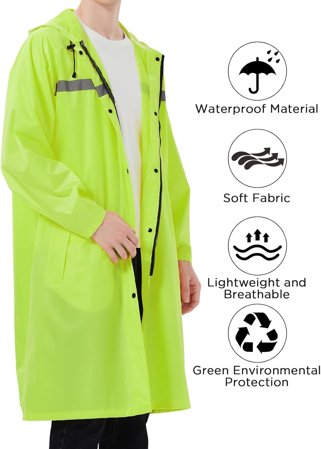 ProHydra Mens Long Safety Rain Coats with Air Vents Reflective Stripes Waterproof Packable Rain Jacket with Hood Lightweight