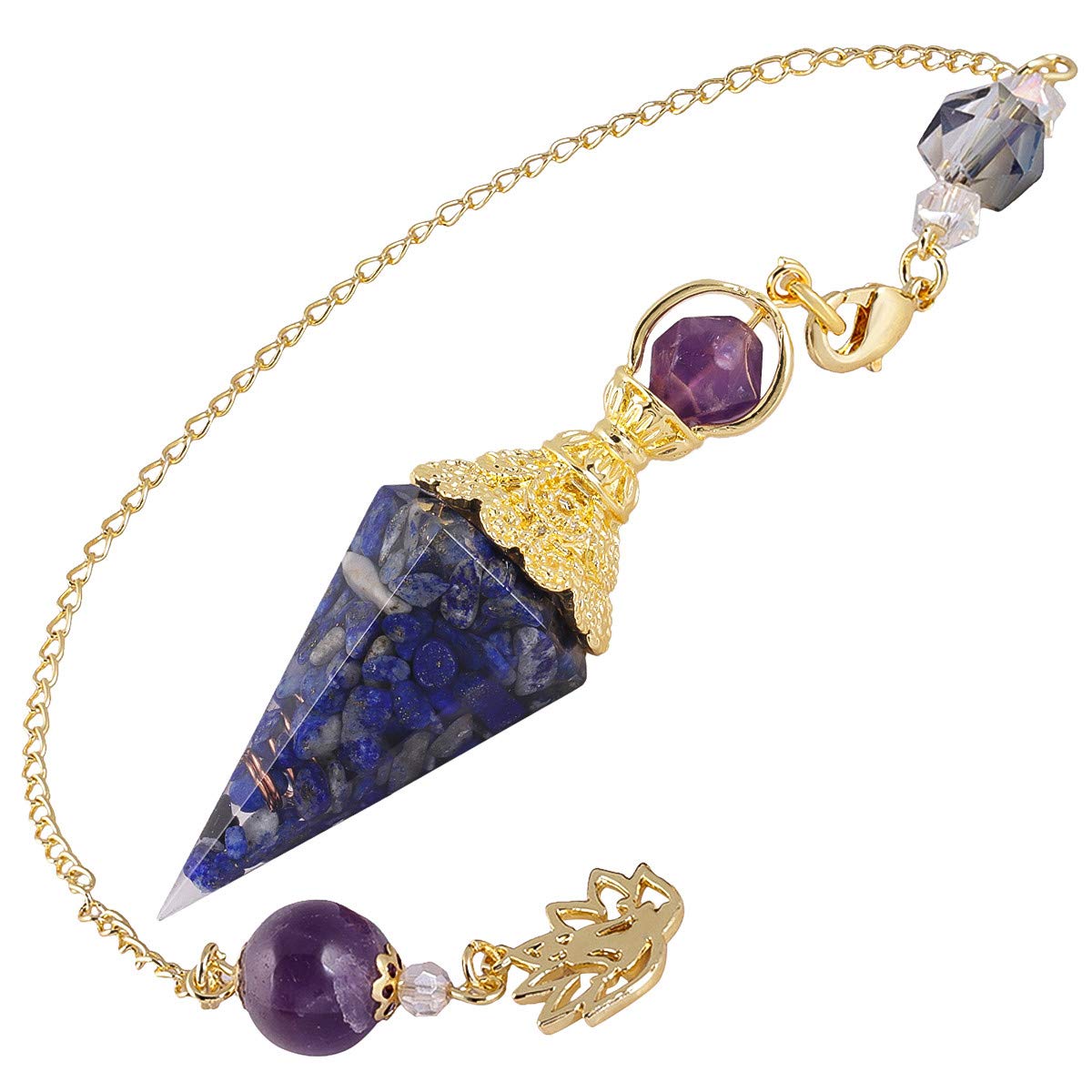 Nupuyai Healing Crystal Point Dowsing Pendulum for Divination Scrying, Resin Chip Stone Faceted Hexagonal Pendulum with Chain