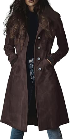 yoeasy Womens Faux Suede Trench Coat Notched Lapel Single Breasted Pea Coat Fall Winter Mid Long Jacket Overcoat