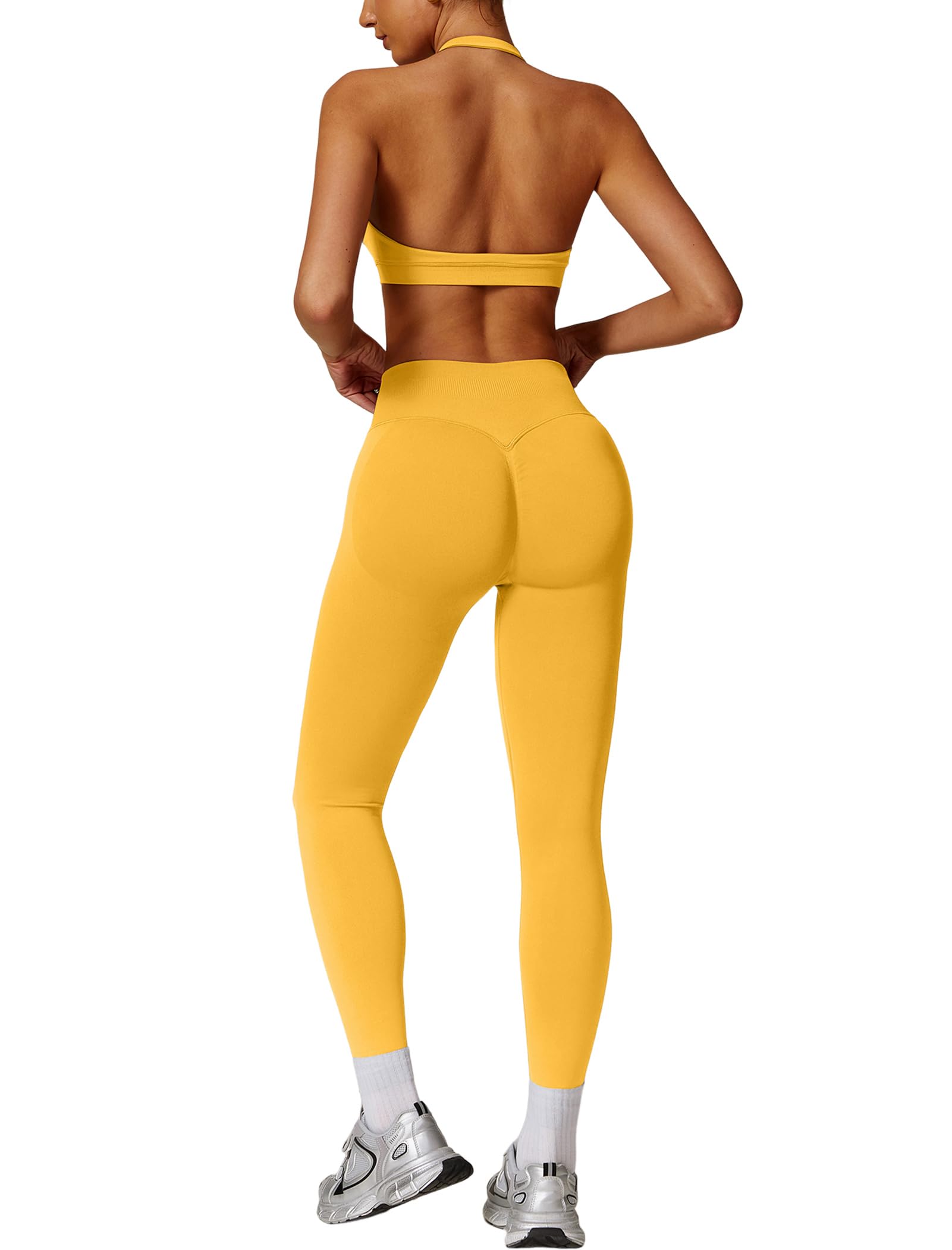 Workout Sets for Women Seamless Scunch Butt Lifting Impact Leggings Halter Sports Bra 2 Piece Gym Outfits