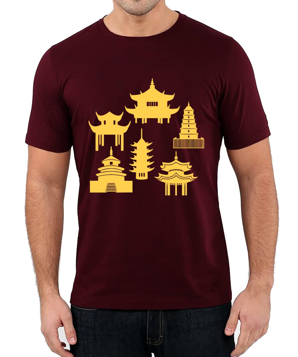 CaseriaMen's Round Neck Cotton Half Sleeved T-Shirt with Printed Graphics - Japanese Pagoda Silhouette